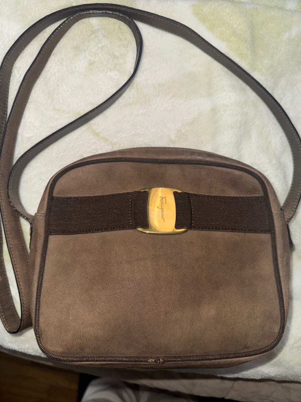 Salvatore Ferragamo Brown Suede Messenger with Gold-Tone Logo Buckle